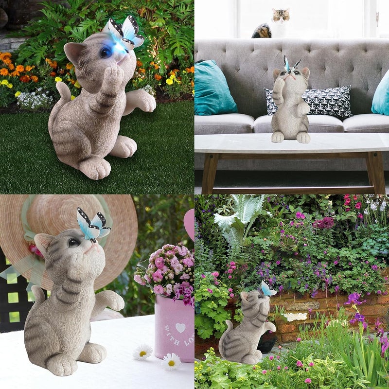 halp·ssfm Cat Garden Statue Outdoor Solar Decorations Butterfly Light Figurine Color Changing LED Lights Resin Sculpture Art Decor Patio Lawn Yard Housewarming Gifts for Women Grandma Mom - Image 4